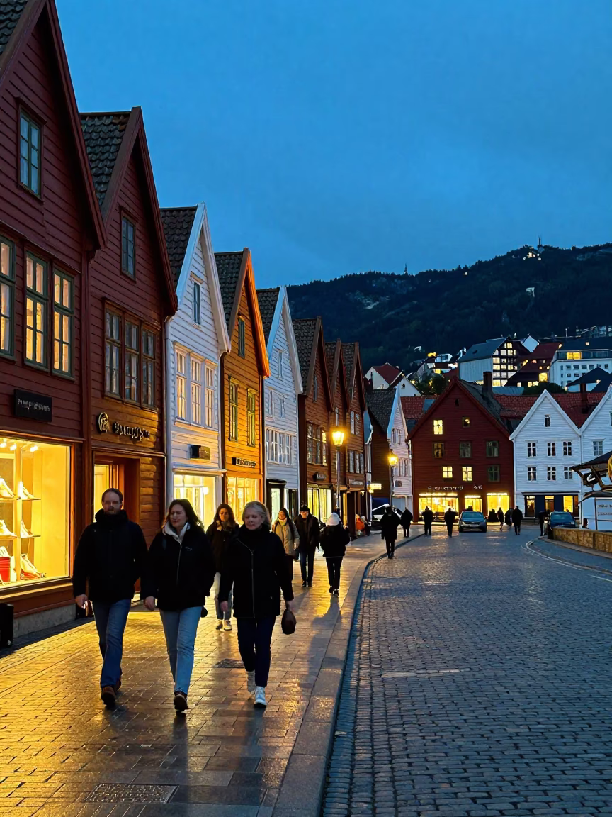 Twilight Street Scene in Bergen Norway with Colorful Shop Displays and Pedestrians in in Bergen, Norway
