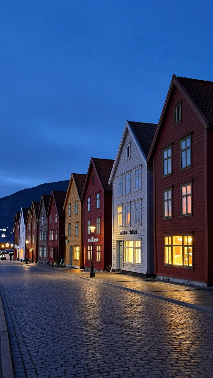 Twilight Street Scene in Bergen Norway with Colorful Wooden Houses and Local Pedestrians in in Bergen, Norway