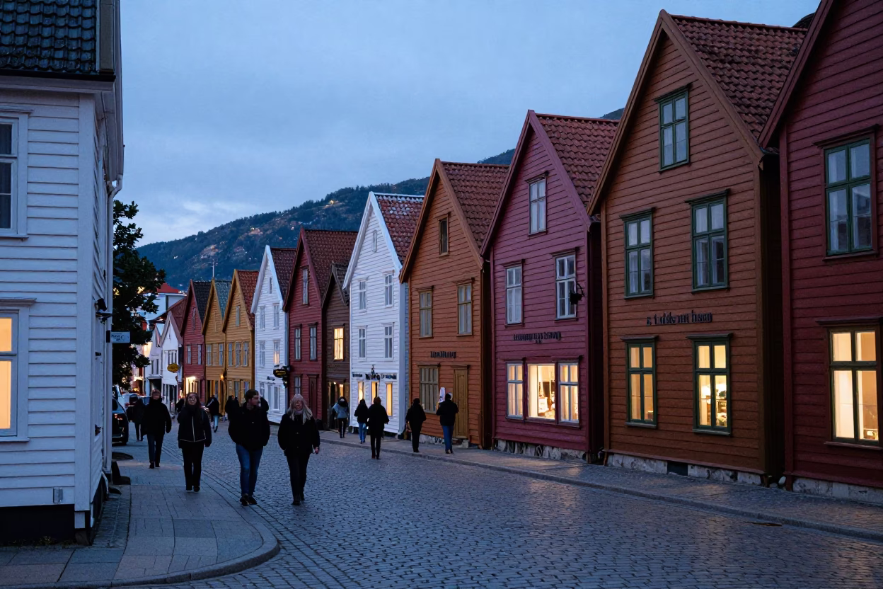 Twilight street scene in Bergen Norway with colorful wooden houses in in Bergen, Norway