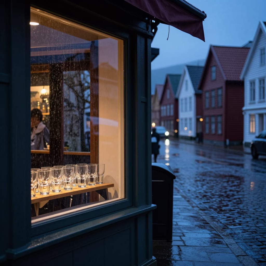 Twilight Street Scene in Bergen Norway with Glass Tumblers and Rain in in Bergen, Norway