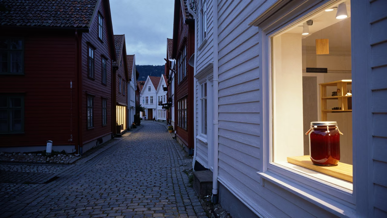 Twilight Street Scene in Bergen Norway with Jam Jar and Brushed Steel Stool in in Bergen, Norway