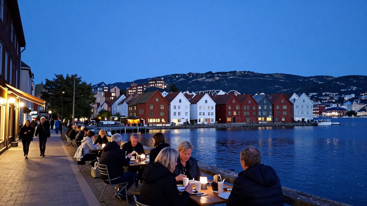 Twilight Street Scene in Bergen Norway with Local Dining and Urban Architecture in in Bergen, Norway