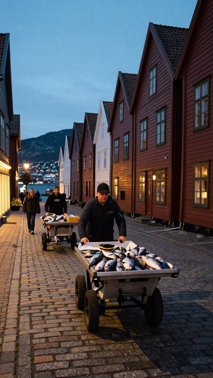 Twilight Street Scene in Bergen Norway with Rolling Carts and Local Life in in Bergen, Norway