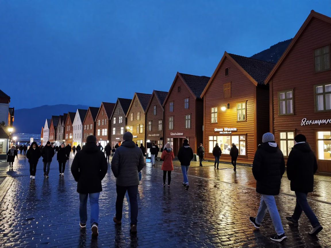 Twilight Street Scene in Bergen Norway with Traditional Bryggen Wharf and Colorful Wooden Houses in in Bergen, Norway