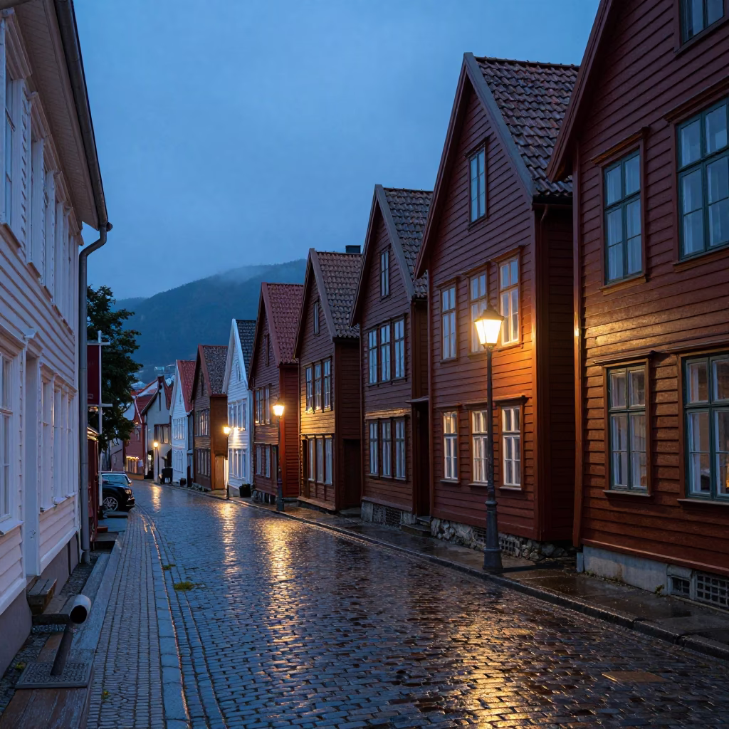 Twilight Street Scene in Bergen Norway with Vintage 1950s Atmosphere and Local Details in in Bergen, Norway