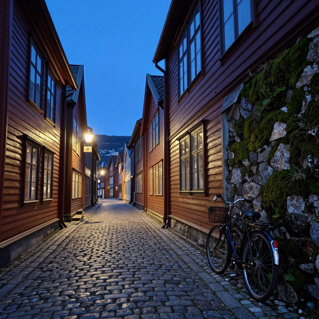 Twilight Street Scene in Bergen Norway with Vintage 1970s Details and Urban Atmosphere in in Bergen, Norway