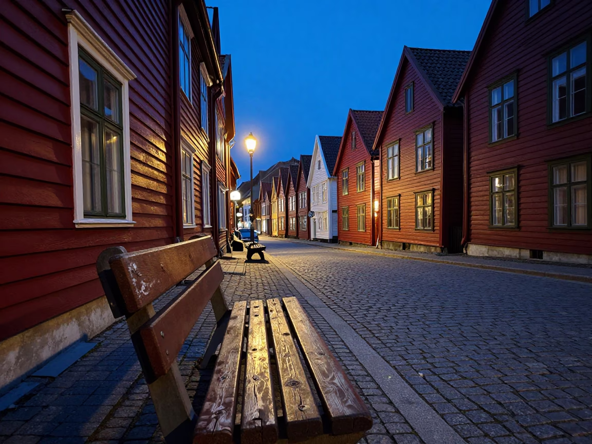 Twilight Street Scene in Bergen Norway with Wooden Bench and Urban Details in in Bergen, Norway