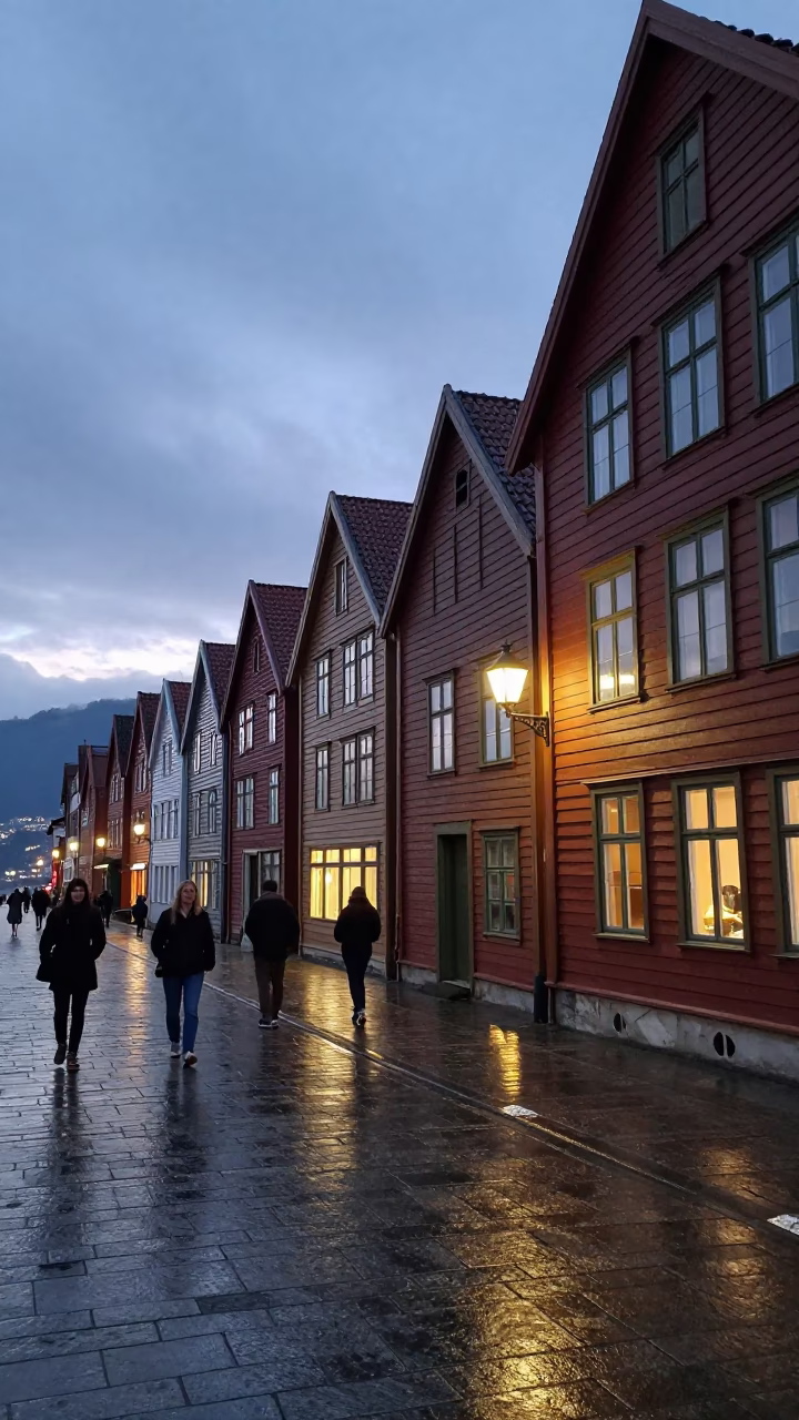 Twilight Street Scene in Bergen Norway with Wooden Facades and Local Diner in in Bergen, Norway