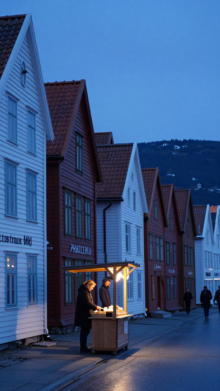 Twilight Street Scene in Bergen Norway with Wooden House Facades and Local Interaction in in Bergen, Norway