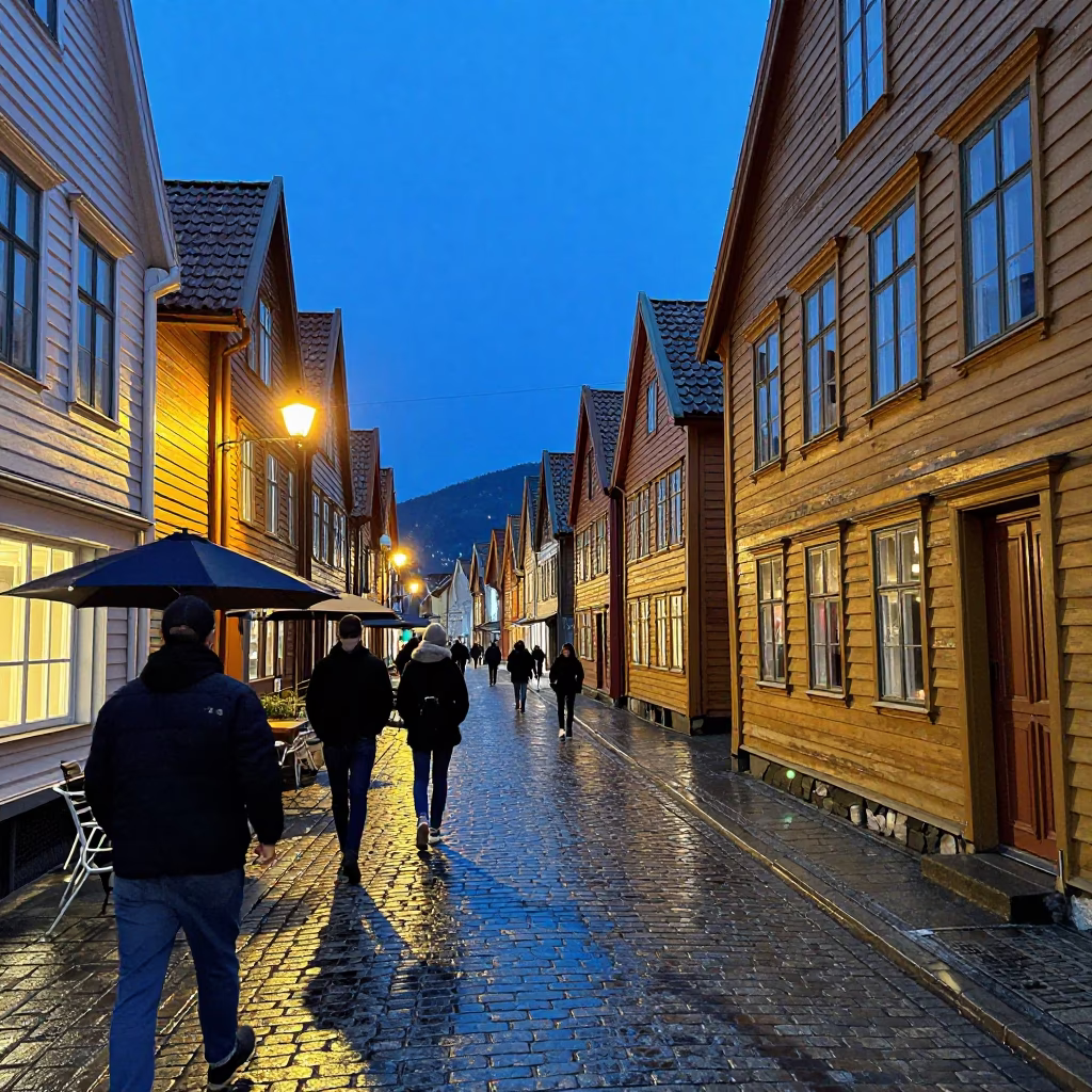 Twilight Street Scene in Bergen Norway with Wooden Houses and Umbrellas in in Bergen, Norway