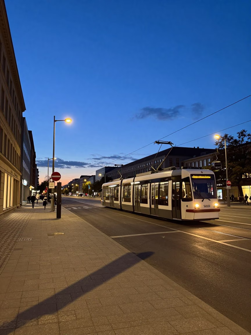Twilight Street Scene in Berlin Germany with Cable Car and Urban Details in in Berlin, Germany