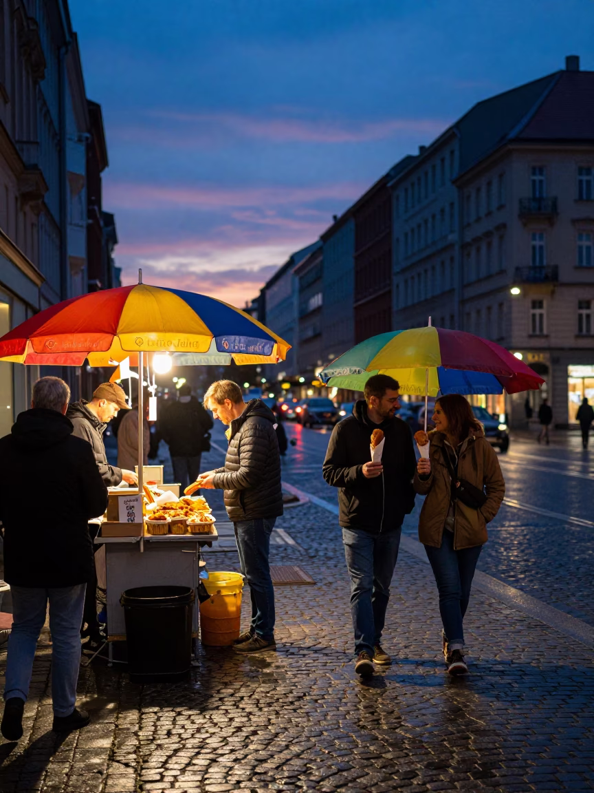 Twilight Street Scene in Berlin Germany with Colorful Umbrellas and Cobblestone Pavement in in Berlin, Germany
