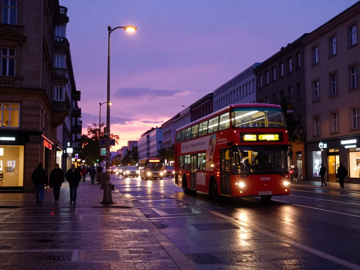Twilight Street Scene in Berlin Germany with Colorful Urban Details and Local Life in in Berlin, Germany