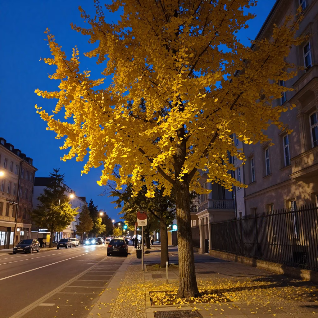 Twilight Street Scene in Berlin Germany with Ginkgo Tree and Golden Leaves in in Berlin, Germany
