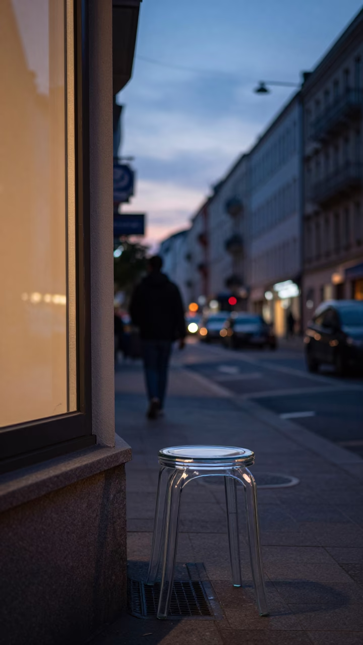 Twilight Street Scene in Berlin Germany with Glass Stool and Urban Details in in Berlin, Germany