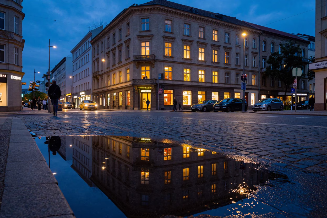 Twilight Street Scene in Berlin Germany with Puddle Reflections and Urban Details in in Berlin, Germany