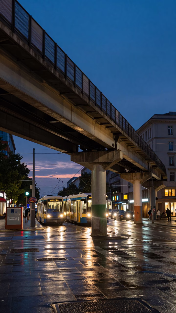 Twilight Street Scene in Berlin Germany with Tram and Wet Pavement in in Berlin, Germany