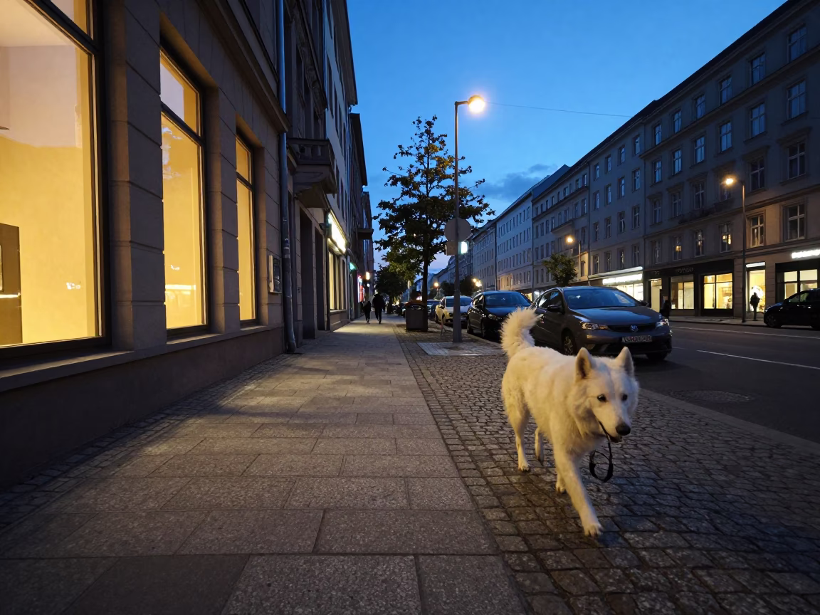 Twilight Street Scene in Berlin Germany with White Dog and Urban Life in in Berlin, Germany