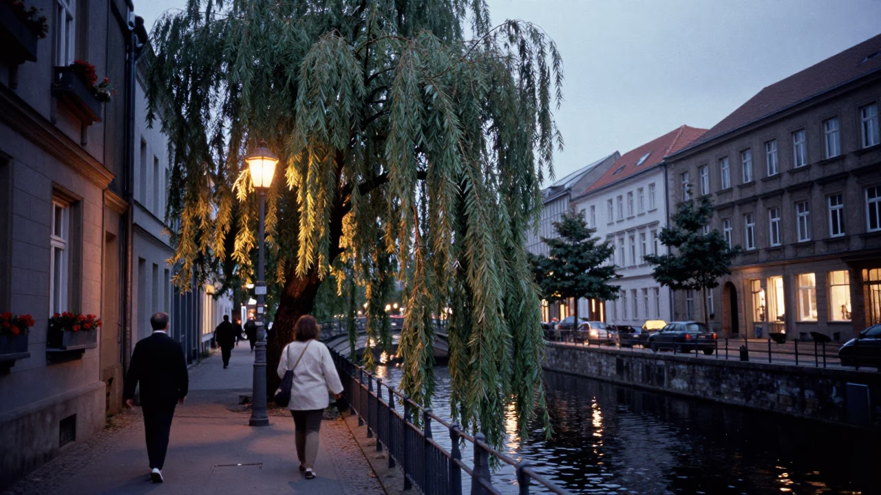 Twilight Street Scene in Berlin Germany with Window Boxes and Weeping Willow in in Berlin, Germany
