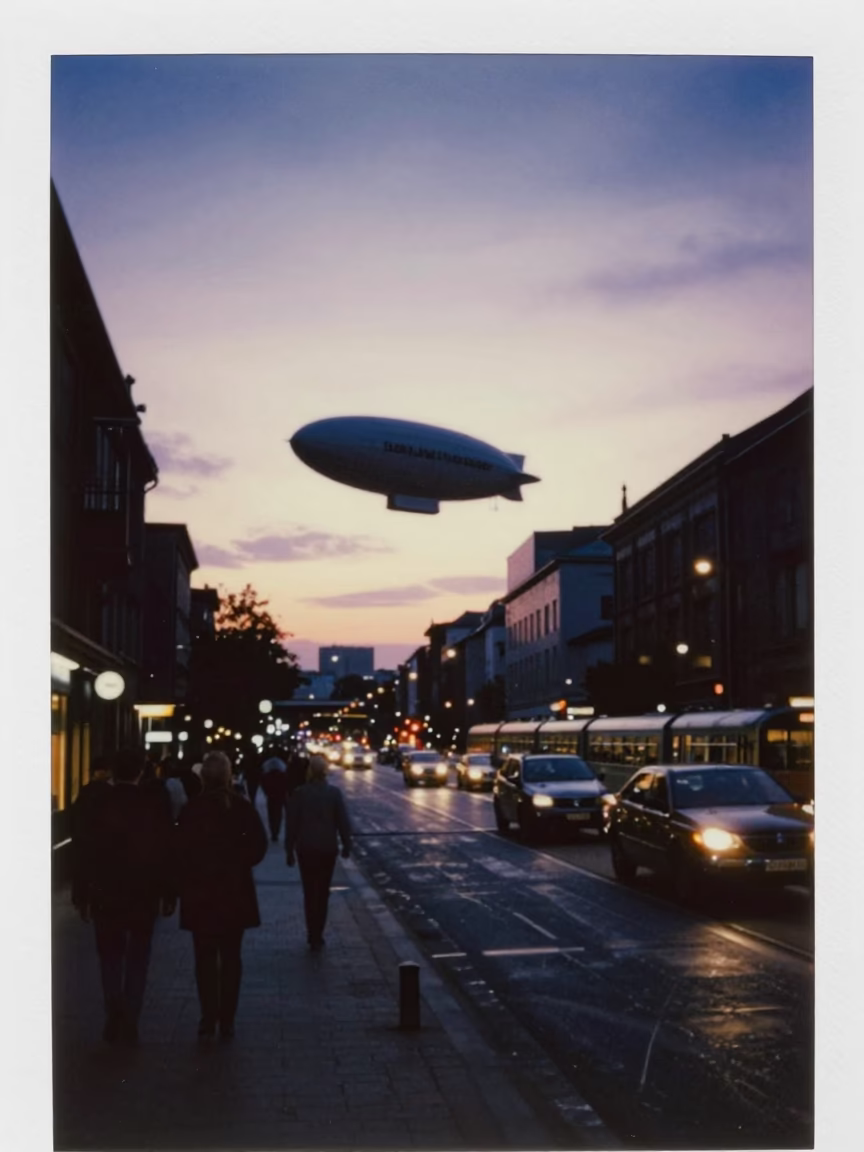 Twilight Street Scene in Berlin Germany with Zeppelin and Train in in Berlin, Germany