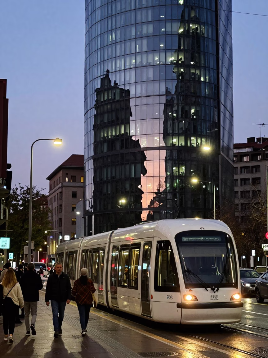 Twilight Street Scene in Bilbao Spain Featuring Monorail Reflection and Urban Details in in Bilbao, Spain