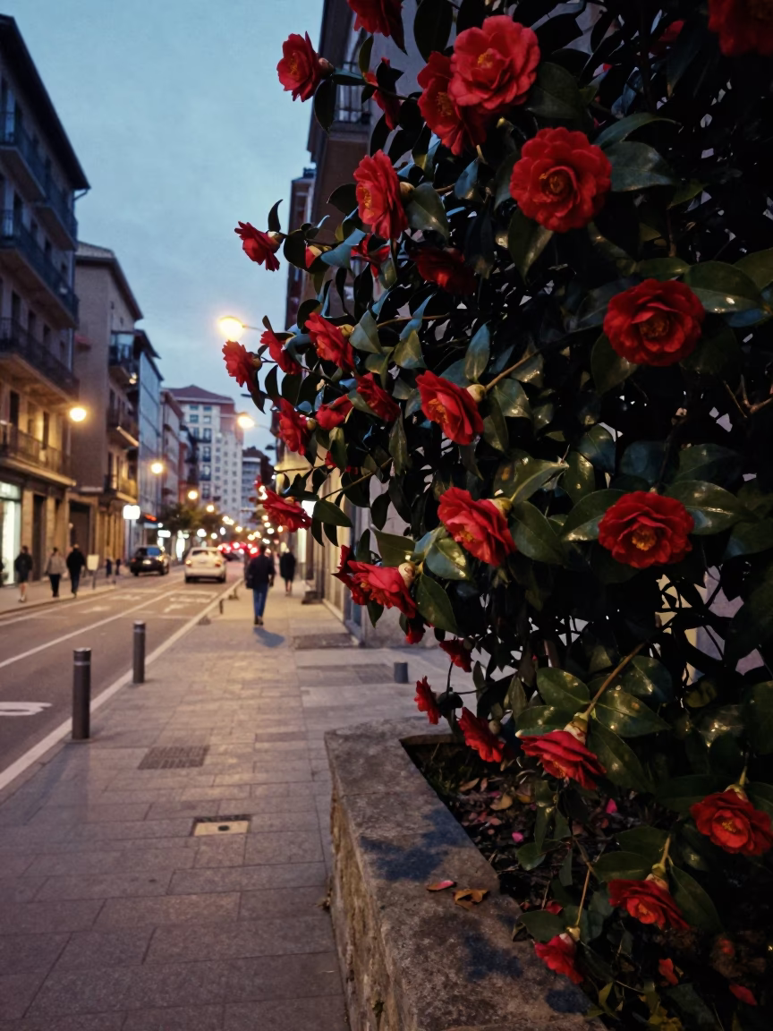 Twilight Street Scene in Bilbao Spain with Camellia Bush and Urban Lighting in in Bilbao, Spain