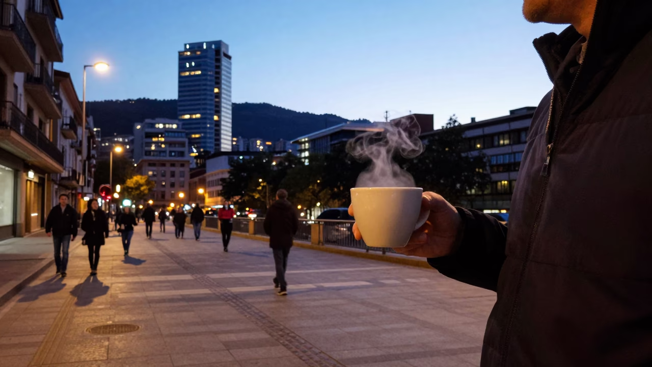 Twilight Street Scene in Bilbao Spain with Coffee Cup and Urban Architecture in in Bilbao, Spain