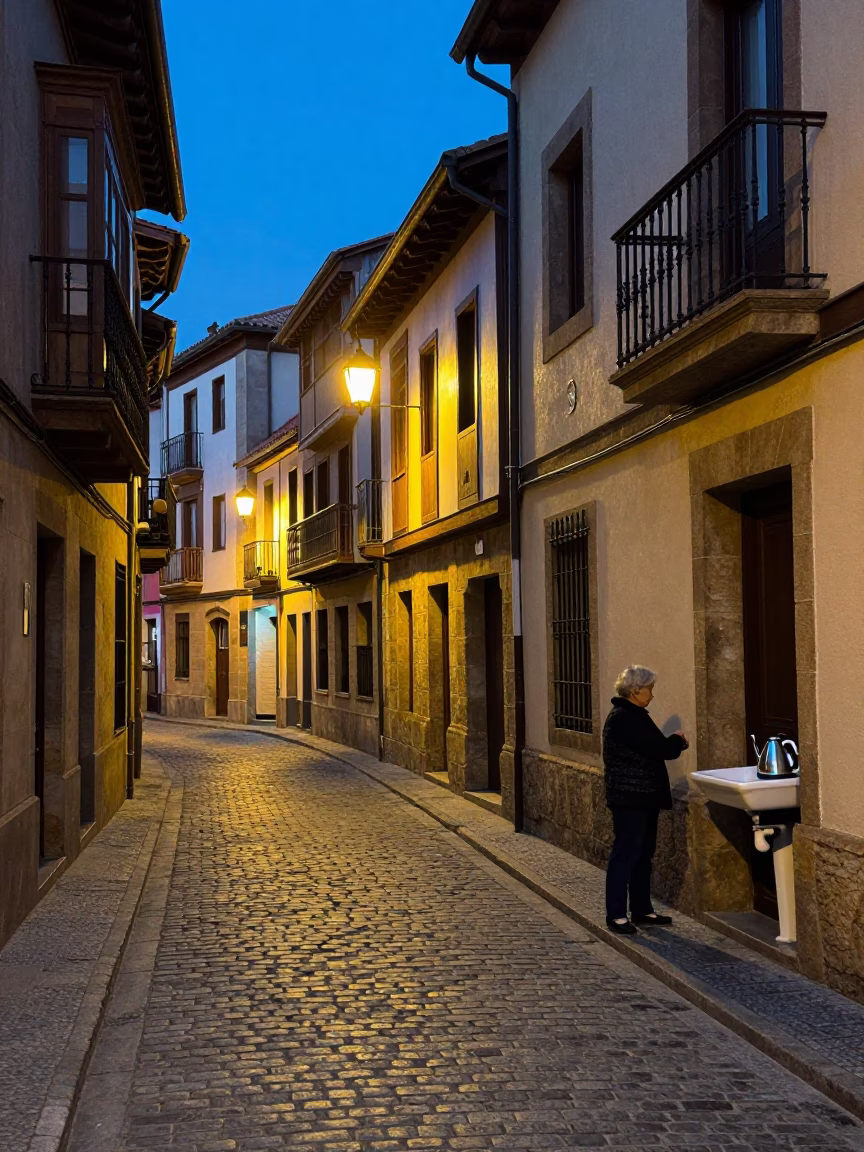 Twilight Street Scene in Bilbao Spain with Electric Kettle and Sink Strainer in in Bilbao, Spain
