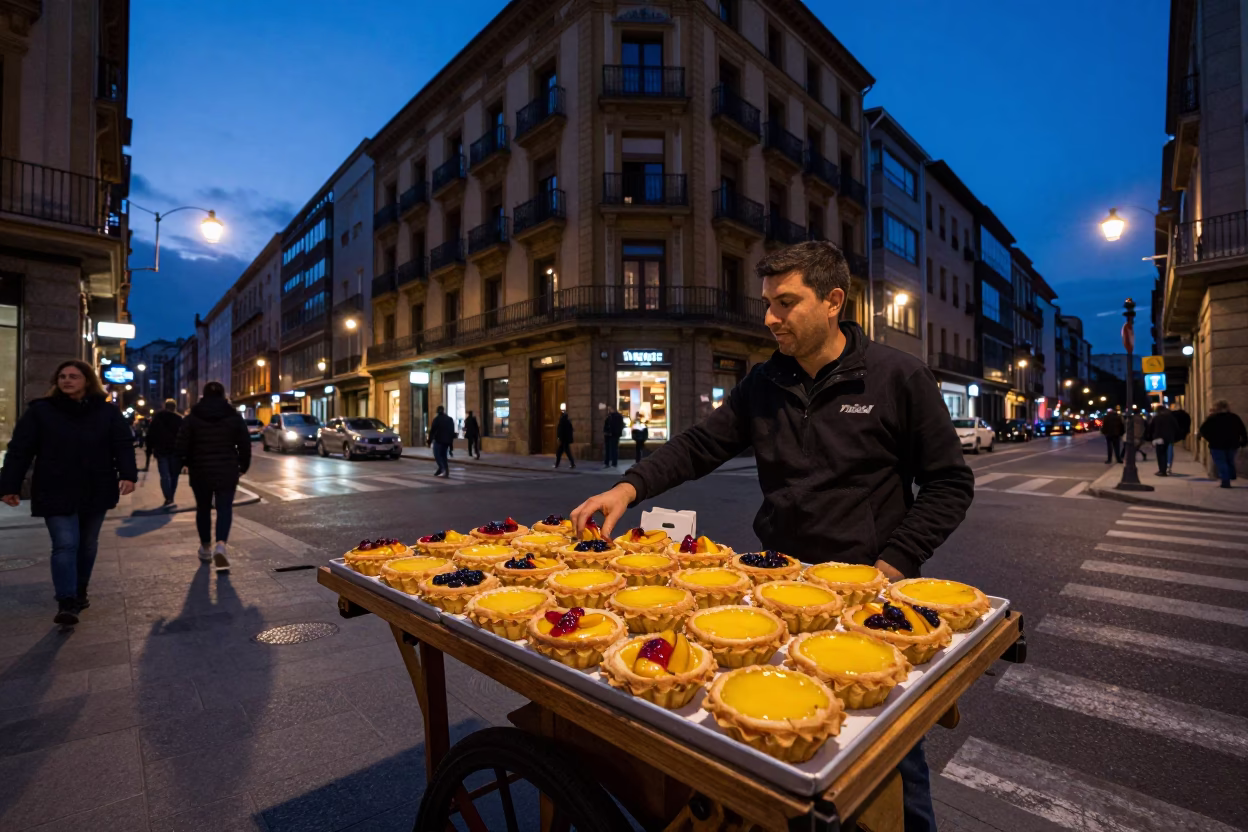 Twilight street scene in Bilbao Spain with fruit tarts and woven mats in in Bilbao, Spain