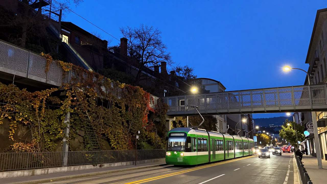 Twilight Street Scene in Bilbao Spain with Funicular and Metal Overpass in in Bilbao, Spain