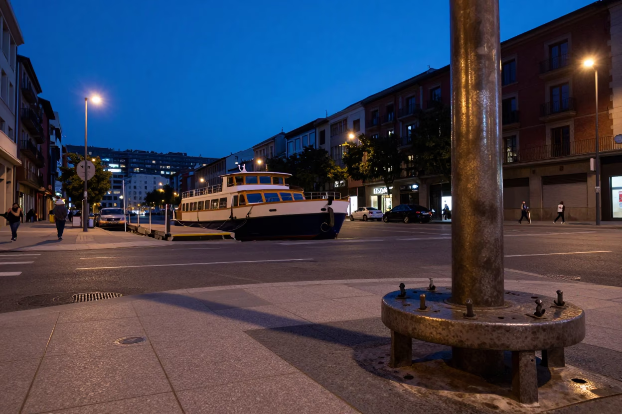 Twilight Street Scene in Bilbao Spain with Hammered Metal and Turnbuckle Details in in Bilbao, Spain