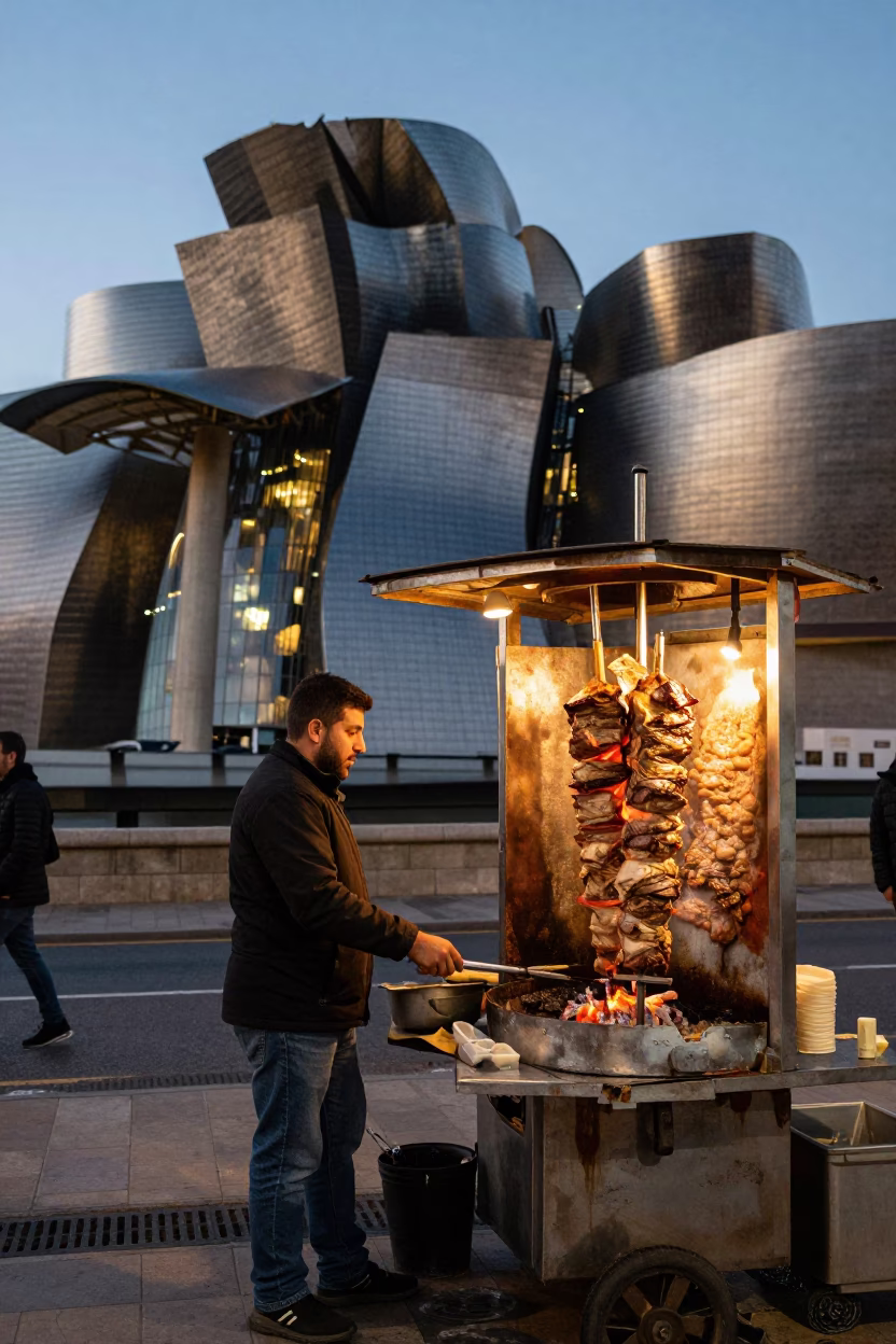 Twilight Street Scene in Bilbao Spain with Kebab Grill and Local Pedestrians in in Bilbao, Spain