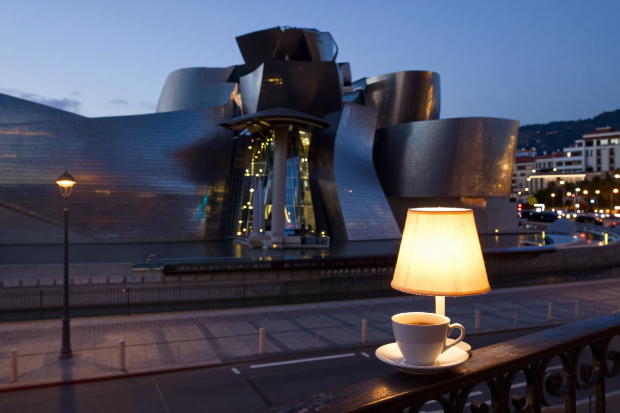 Twilight Street Scene in Bilbao Spain with Lampshade and Cup on Balcony in in Bilbao, Spain