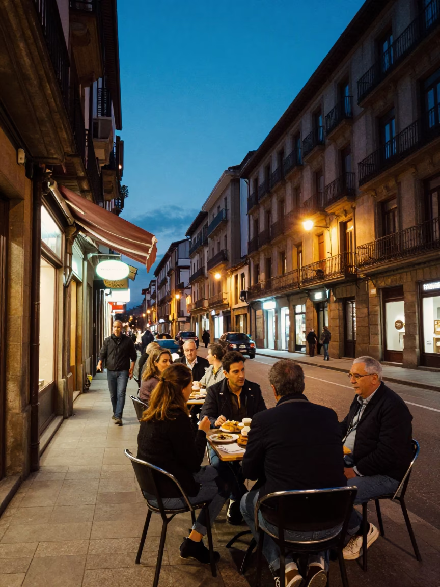 Twilight street scene in Bilbao Spain with local tapas and urban architecture in in Bilbao, Spain