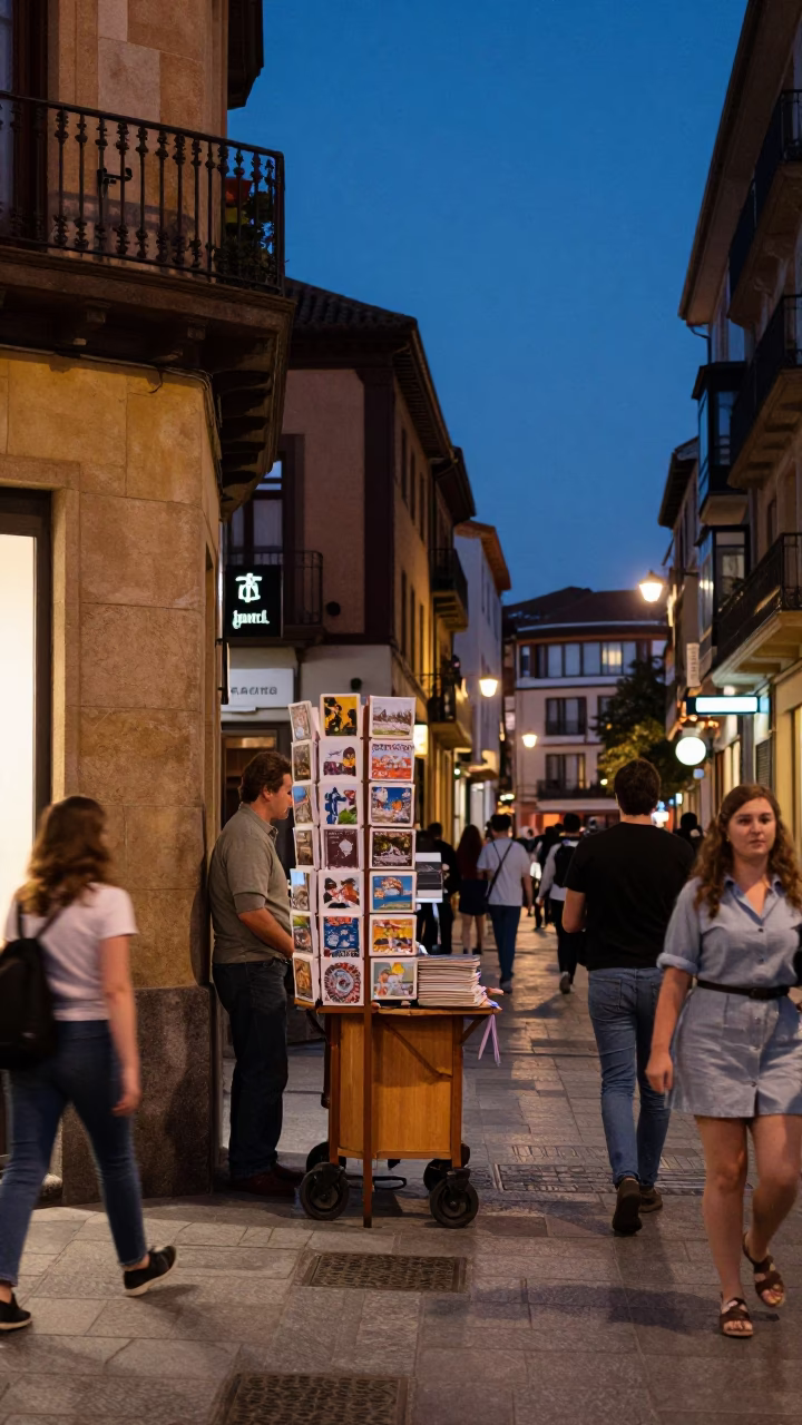 Twilight Street Scene in Bilbao Spain with Postcards and Traditional Architecture in in Bilbao, Spain