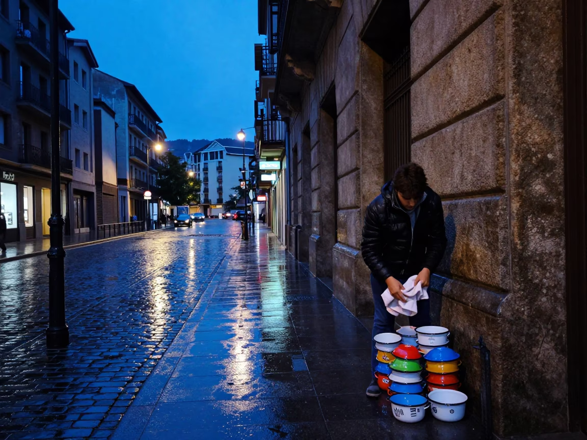 Twilight Street Scene in Bilbao Spain with Rain-Slicked Cobblestones and Urban Reflections in in Bilbao, Spain