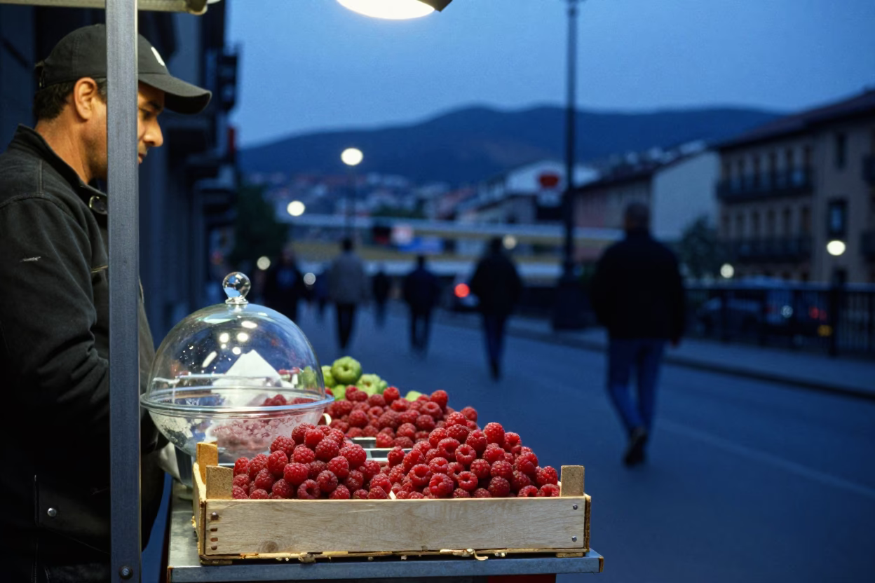 Twilight Street Scene in Bilbao Spain with Raspberries and Glass Lid in in Bilbao, Spain
