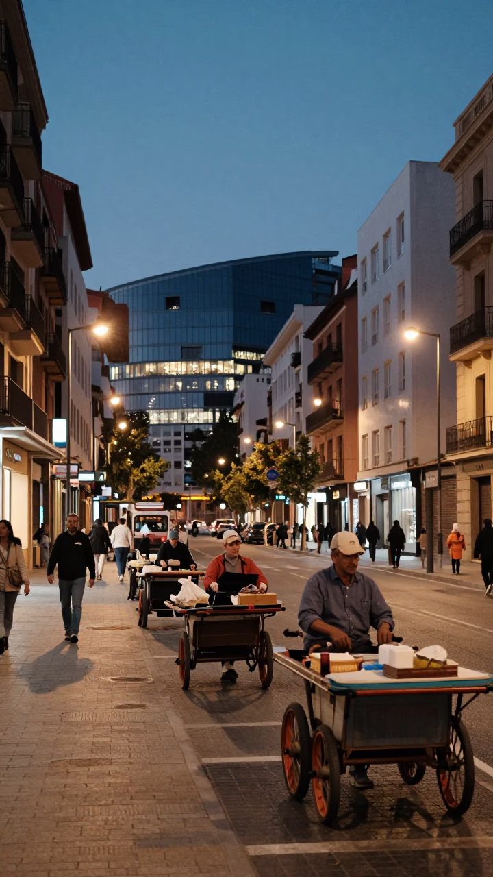 Twilight Street Scene in Bilbao Spain with Rolling Carts and Urban Life in in Bilbao, Spain