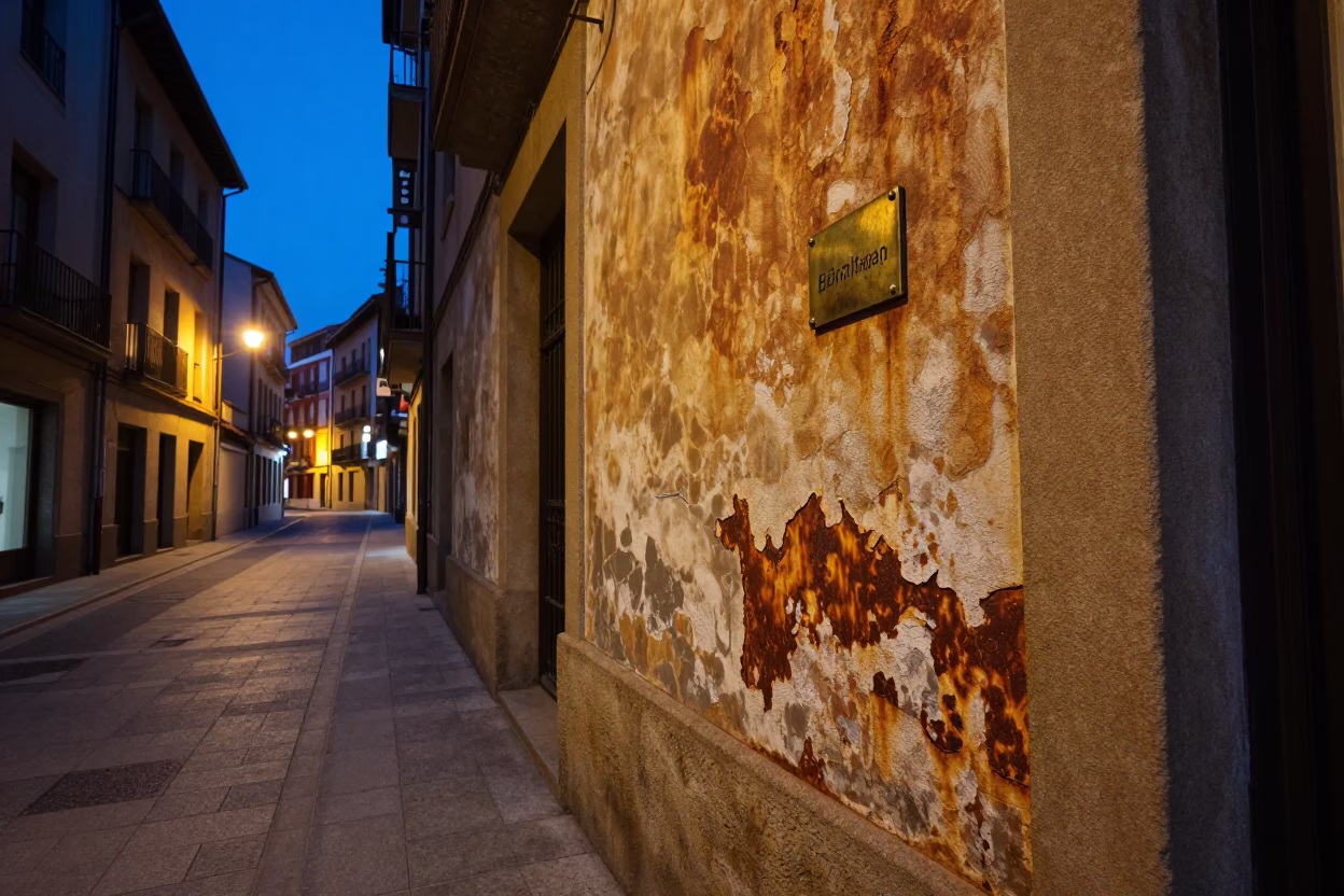 Twilight Street Scene in Bilbao Spain with Rusty Plaster and Brass Details in in Bilbao, Spain