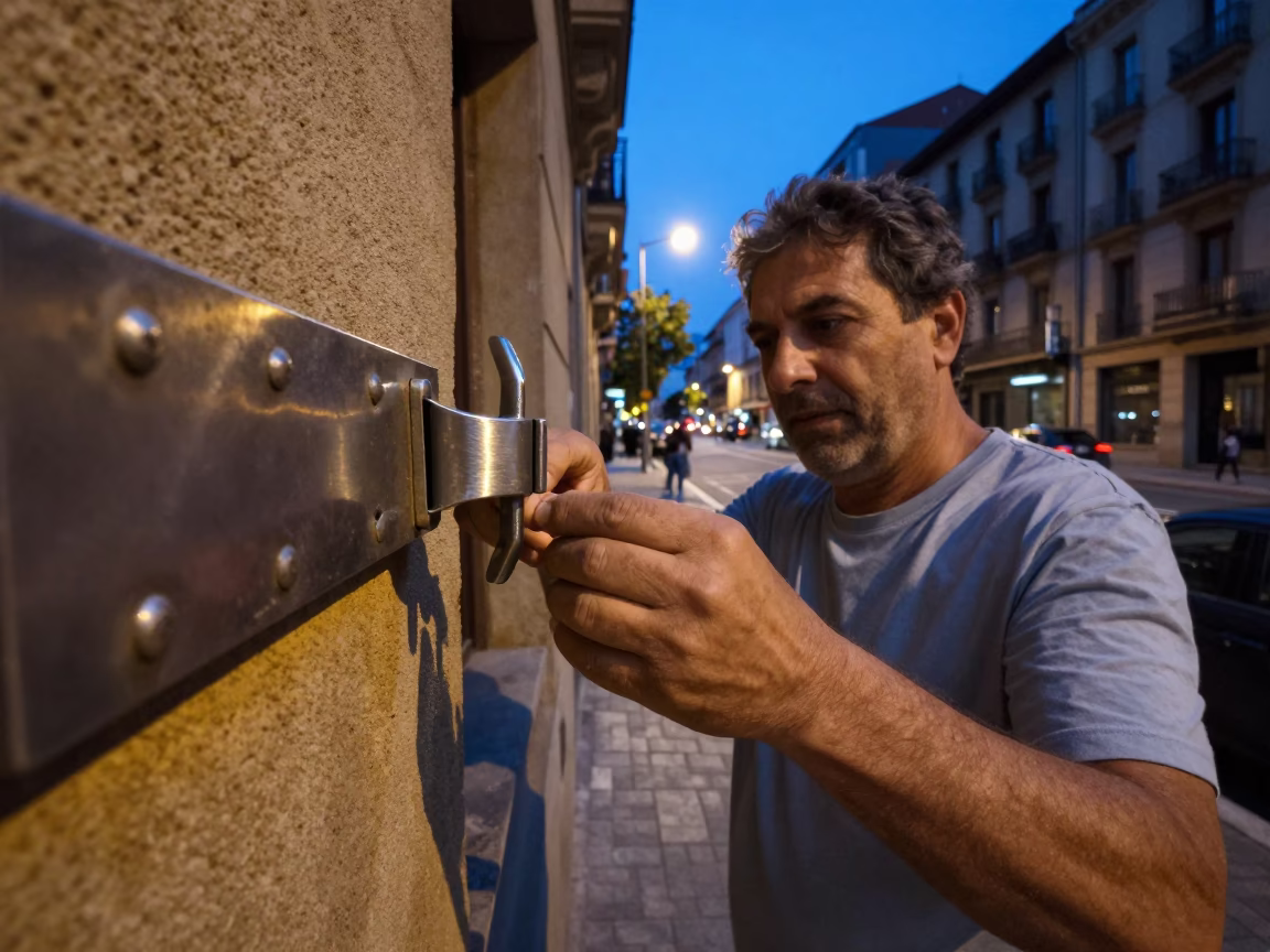 Twilight Street Scene in Bilbao Spain with Steel Latch and Clay Pot Details in in Bilbao, Spain