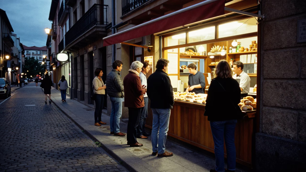 Twilight Street Scene in Bilbao Spain with Traditional Pintxos and Social Gathering in in Bilbao, Spain