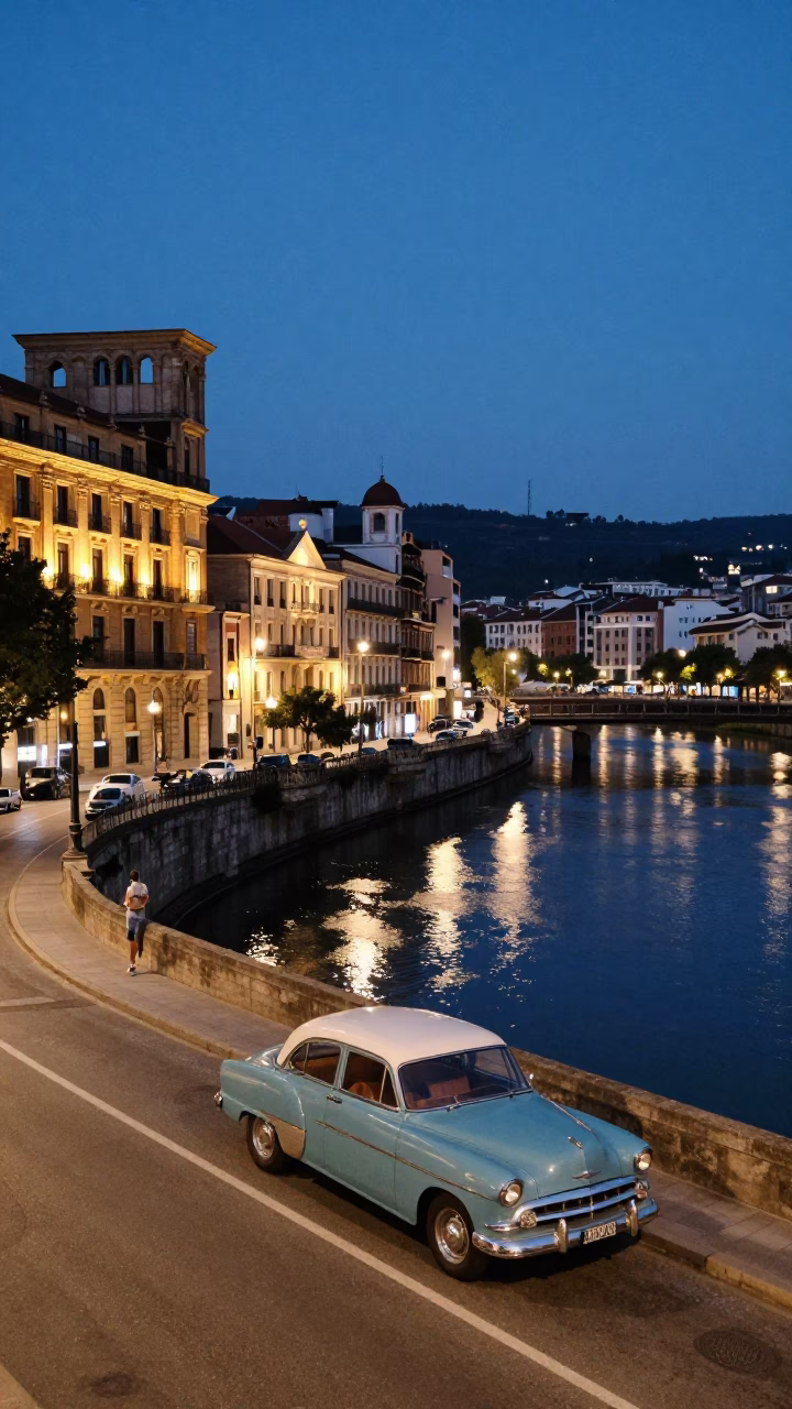 Twilight Street Scene in Bilbao Spain with Vintage 1950s Aesthetic and Local Architecture in in Bilbao, Spain