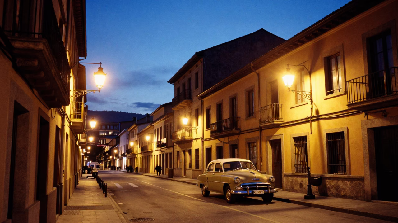 Twilight Street Scene in Bilbao Spain with Vintage 1950s Architecture and Urban Life in in Bilbao, Spain