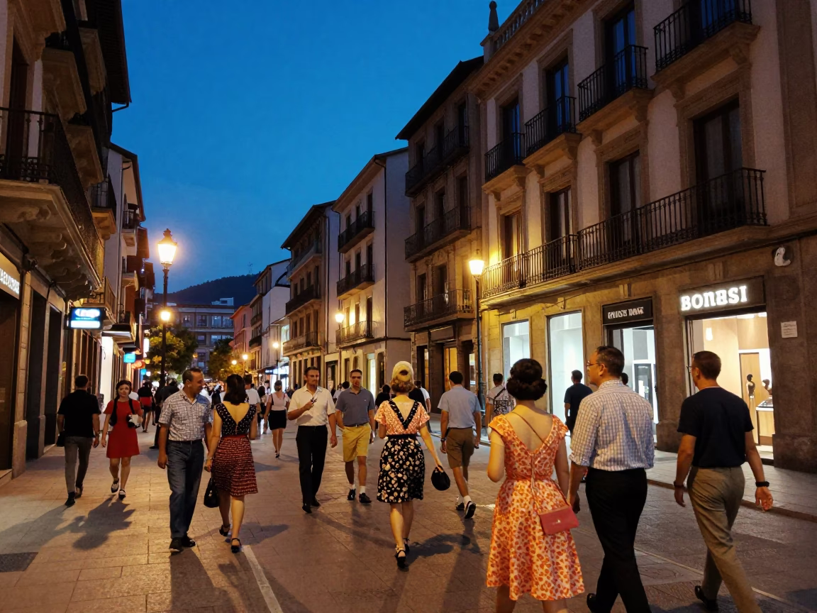 Twilight Street Scene in Bilbao Spain with Vintage 1960s Aesthetic and Local Color in in Bilbao, Spain