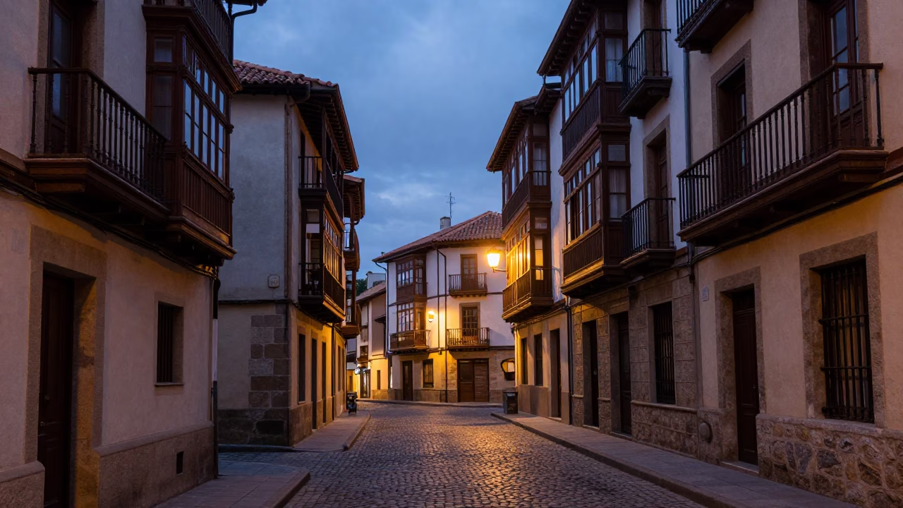 Twilight street scene in Bilbao Spain with vintage architecture and local pedestrians in in Bilbao, Spain