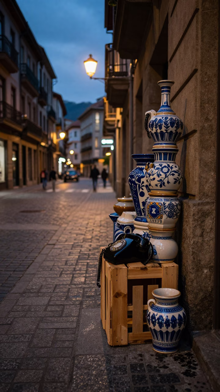 Twilight Street Scene in Bilbao Spain with Vintage Bakelite Telephone and Clay Pots in in Bilbao, Spain