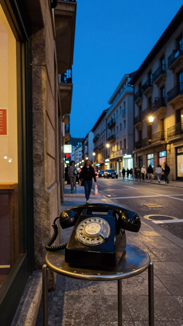 Twilight Street Scene in Bilbao Spain with Vintage Bakelite Telephone in in Bilbao, Spain