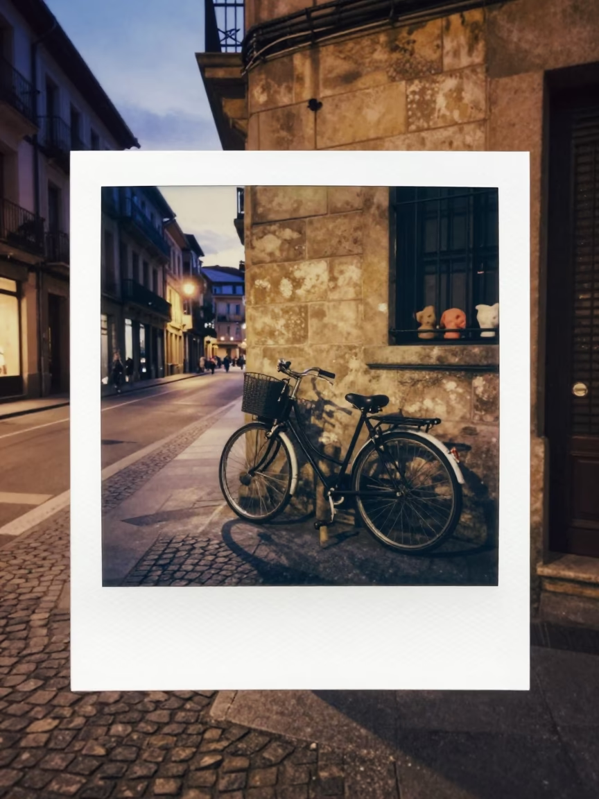 Twilight Street Scene in Bilbao Spain with Vintage Bicycle and Clay Pots in in Bilbao, Spain