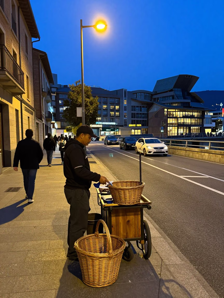 Twilight Street Scene in Bilbao Spain with Wicker Basket and Corkscrew in in Bilbao, Spain