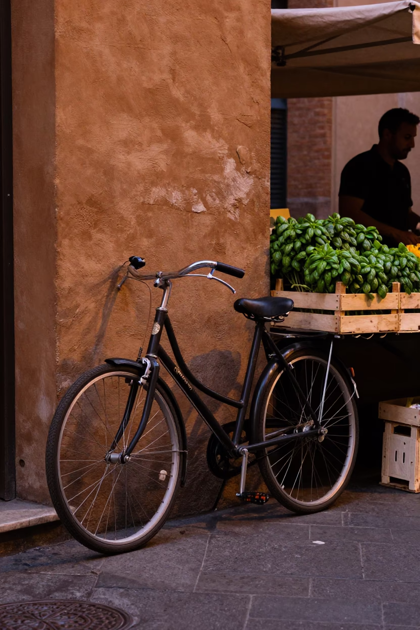 Twilight Street Scene in Bologna Italy Vintage Bicycle and Basil Market Stall in in Bologna, Italy